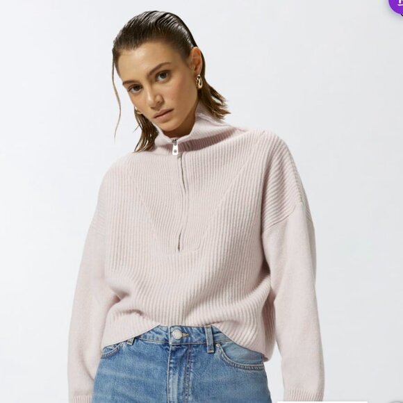 😊Joie 100% Cashmere Sweater Mock Neck 1/4 Zipper Front Long Sleeves Wm Sz L NWT - Picture 1 of 9